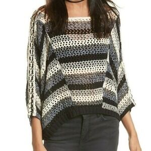 Free People Striped Open Knit Sweater‎ XS Black Blue White Boho Dolman Sleeve